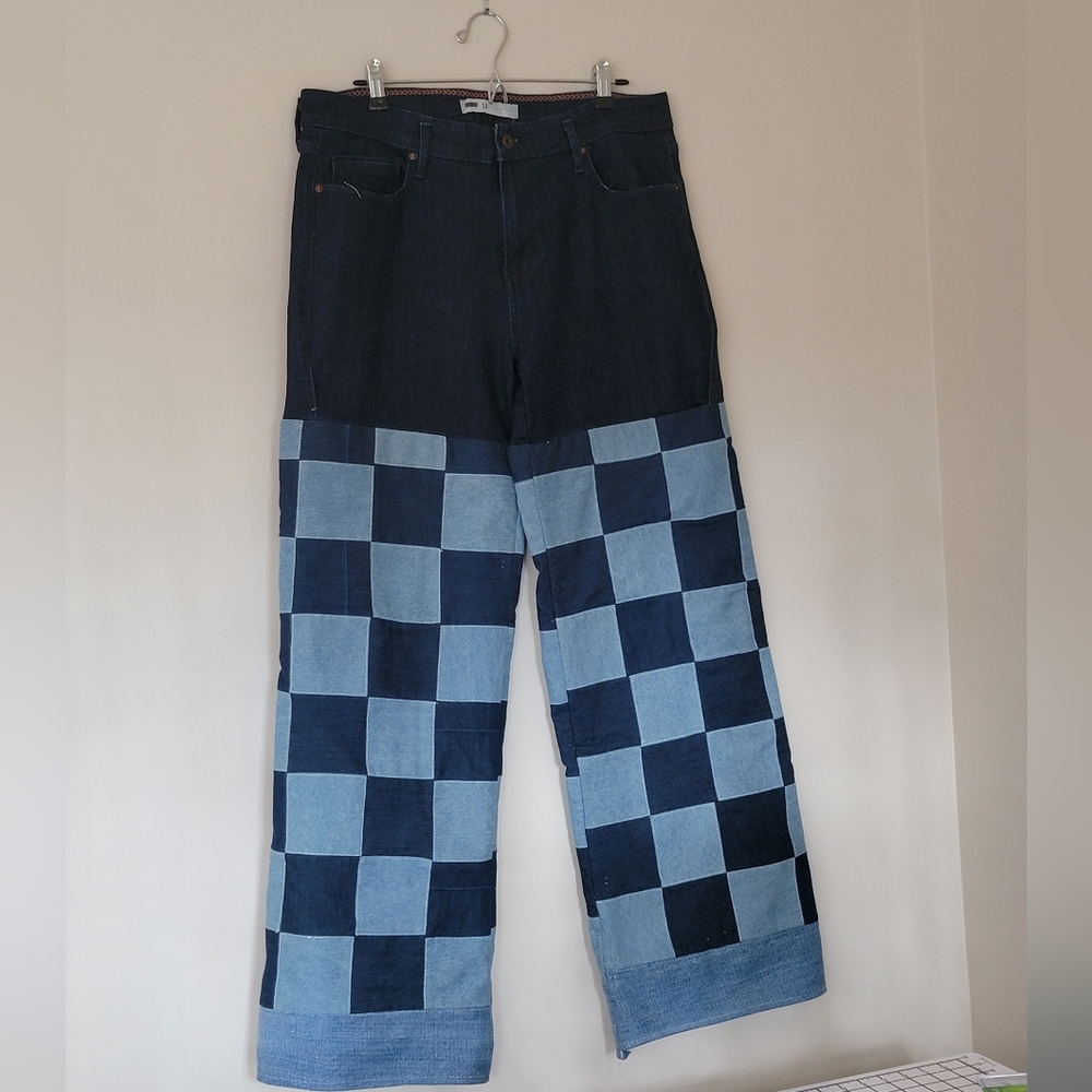 ​👖 Custom Upcycled Checkerboard Wide-Leg Jeans 🏁 size 12​